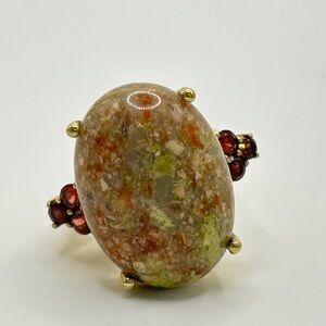 Unakite and Garnet Ring; Size 8.75; GdB